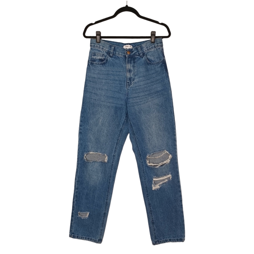 FEMME LUXE Distressed High Rise Medium Blue Wash Straight Leg Denim Jeans 10